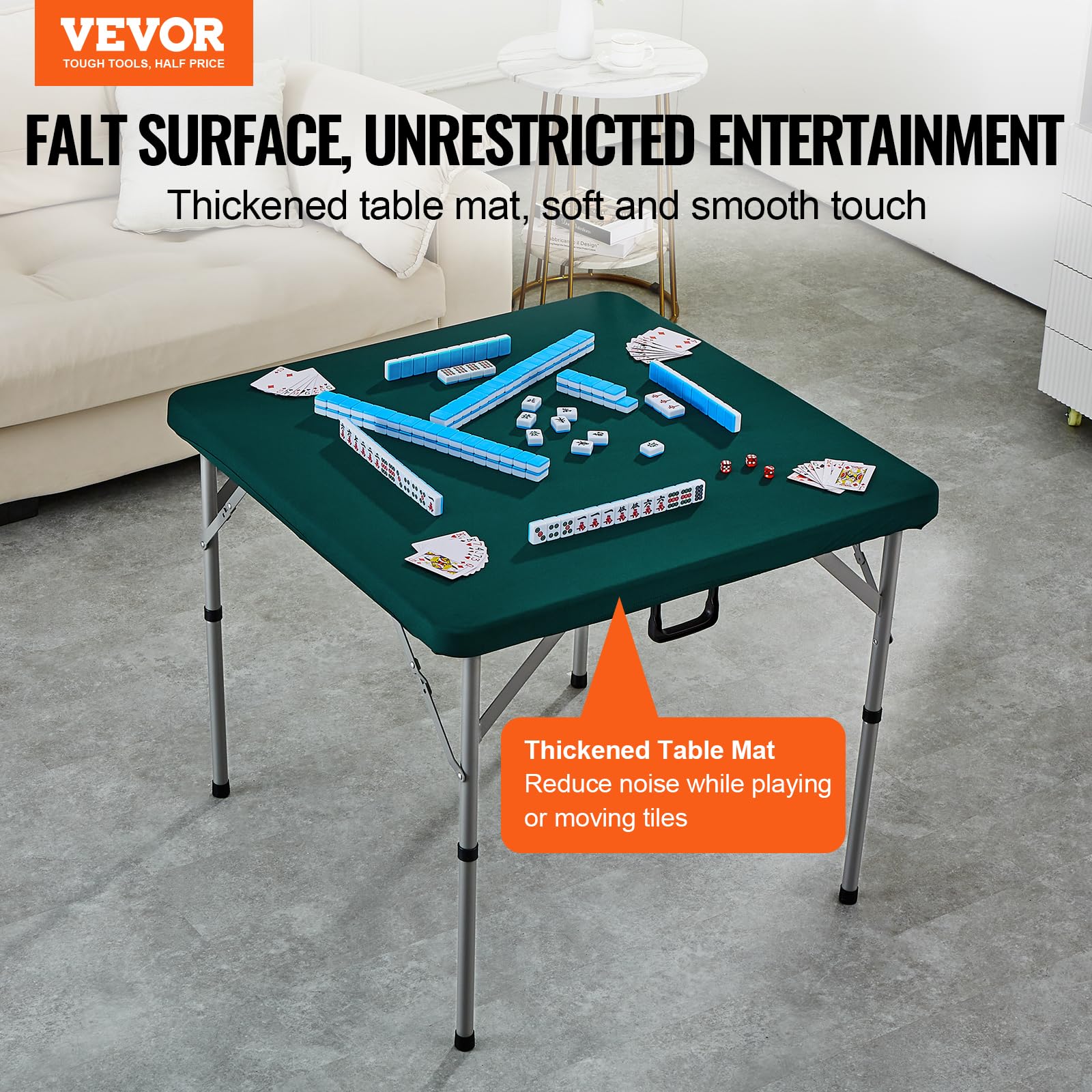 VEVOR Mahjong Table, Fold-in-Half 4 Player Card Table with Wear-Resistant Green Tabletop, Portable Bi-Folding Square Domino Table with Carrying Handle