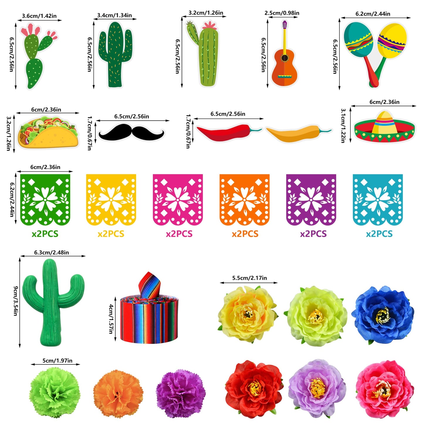 33 PCS Mexican Fiesta Cake Topper Mini Mexican Papel Picado Banner Cactus Pepper Sombrero and Flower Cake Decor for Mexican Themed Party Decorations