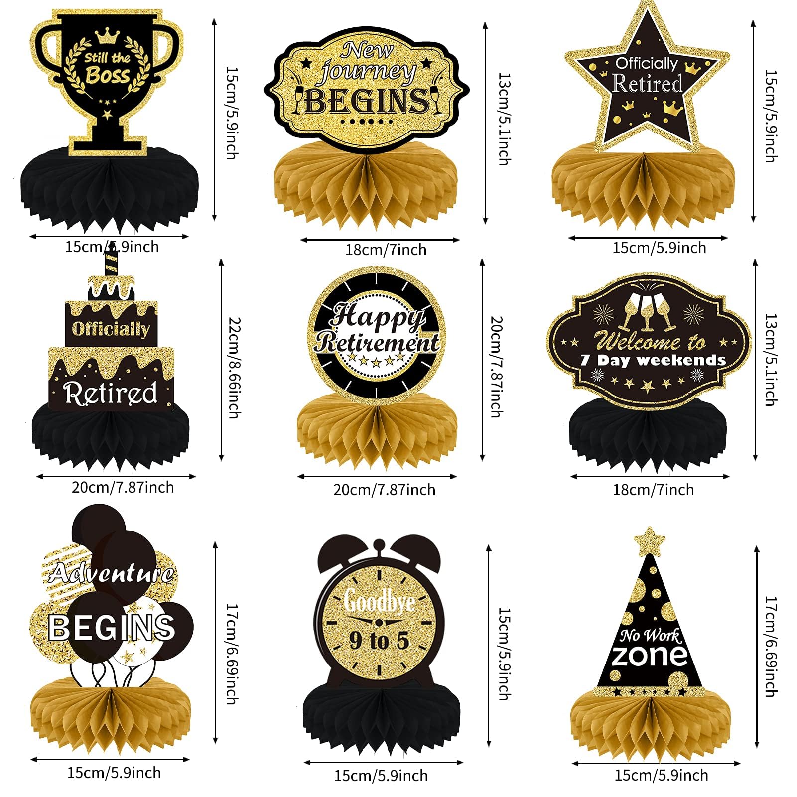 9PCS Retirement Party Decorations Gold Retirement Party Centerpiece Honeycomb Glitter Table Decorations Toppers for Happy Retirement Party Supplies