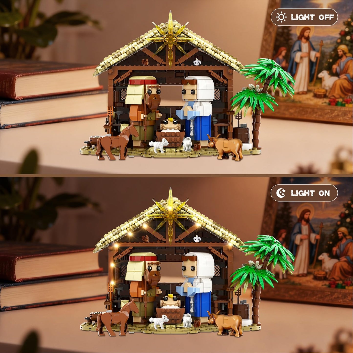 Jesus Nativity Building Set with Lights, 1000PCS Nativity Blocks Compatible with Lego, Holy Family & Animals, Great Easter, Christian, Birthday Gift