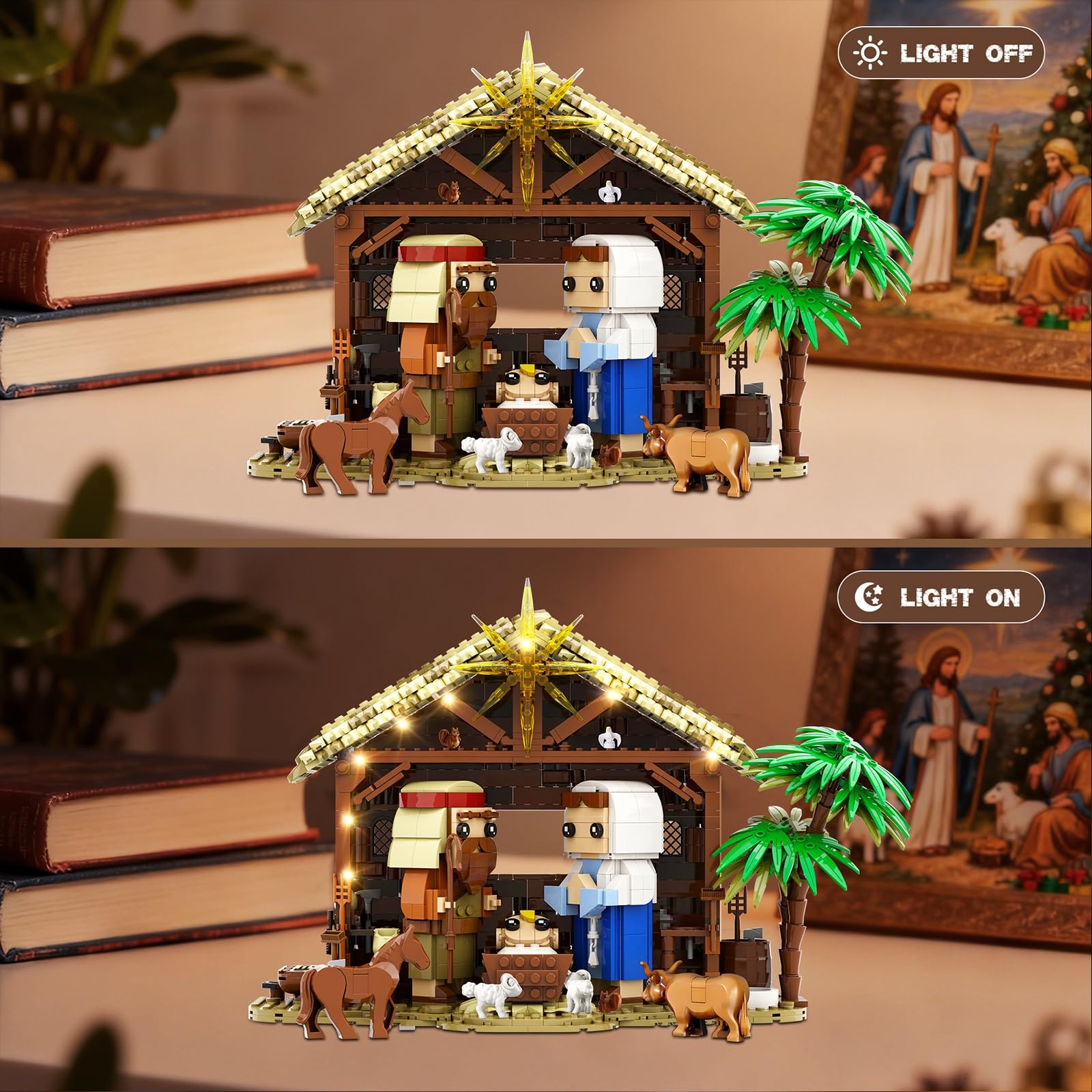 Jesus Nativity Building Set with Lights, 1000PCS Nativity Blocks Compatible with Lego, Holy Family & Animals, Great Easter, Christian, Birthday Gift