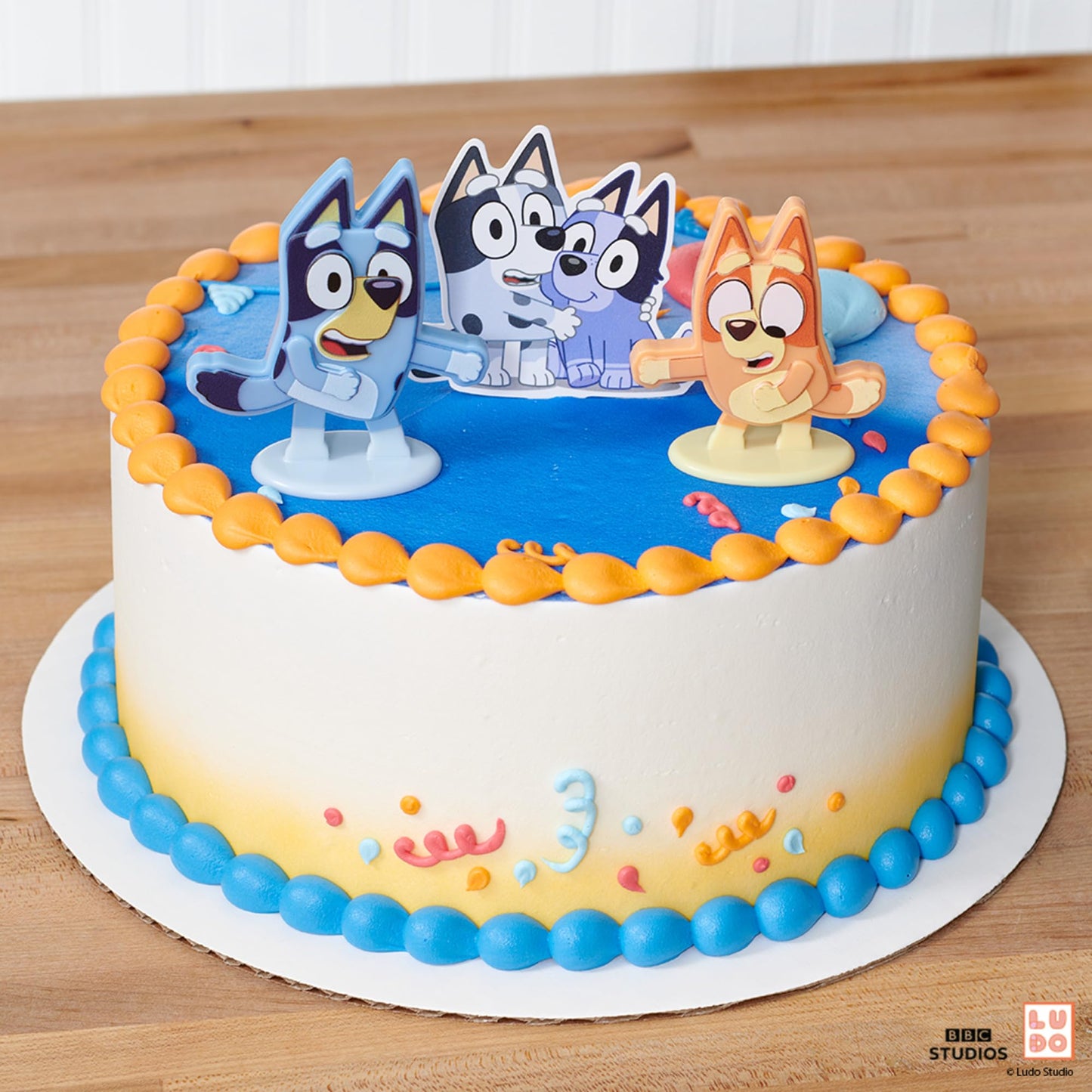 DecoSet® Bluey Dance Mode Cake Toppers, 3 Piece Cake Decoration With Bluey And Bingo Figurines and Muffin & Socks Poly Pic, For Birthday, Parties