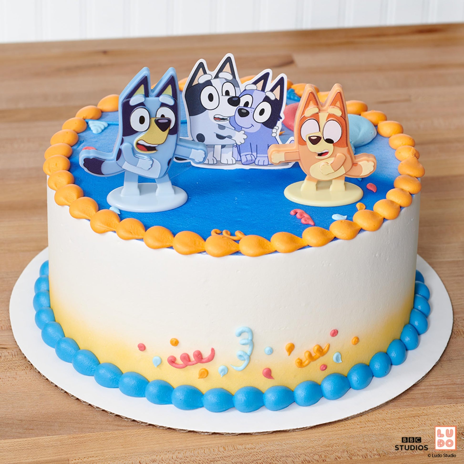 DecoSet® Bluey Dance Mode Cake Toppers, 3 Piece Cake Decoration With Bluey And Bingo Figurines and Muffin & Socks Poly Pic, For Birthday, Parties