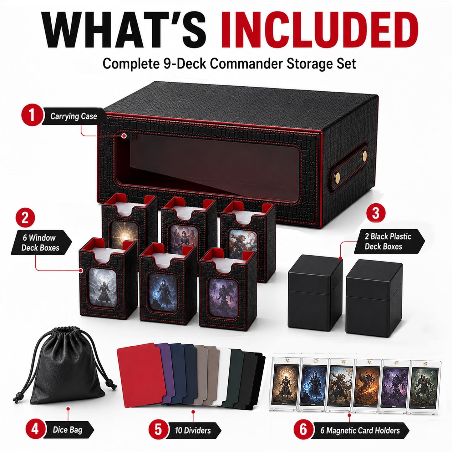 Scimi 9IN1 MTG Deck Box with Handle, Fits 1000 Trading Cards or 8 Commander Decks, Premium Black Red Leather TCG Storage Case with 8 Removable Trays
