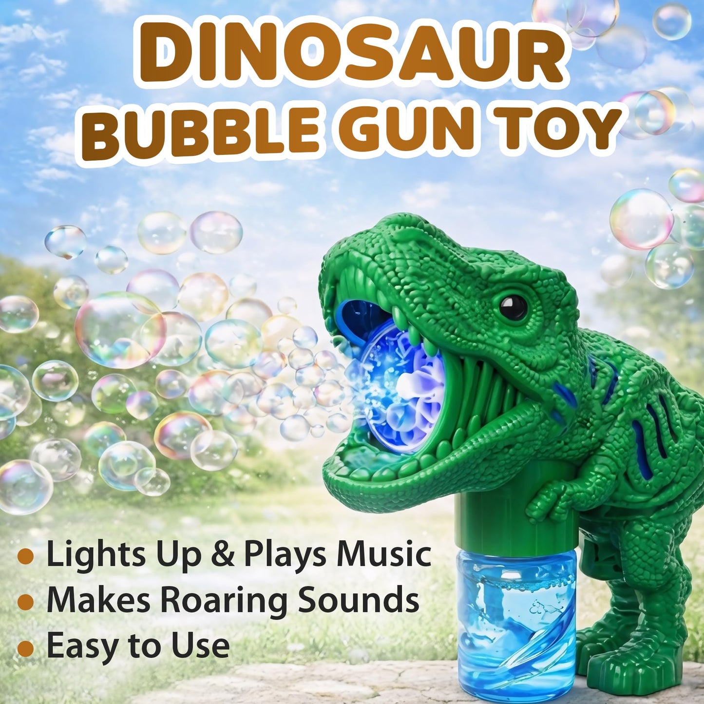 Toysery Dinosaur Bubble Machine Gun for Kids Ages 3-5, LED Dino Bubble Blaster with Music and Bubble Solution, Automatic Bubble Maker Toy, Assorted