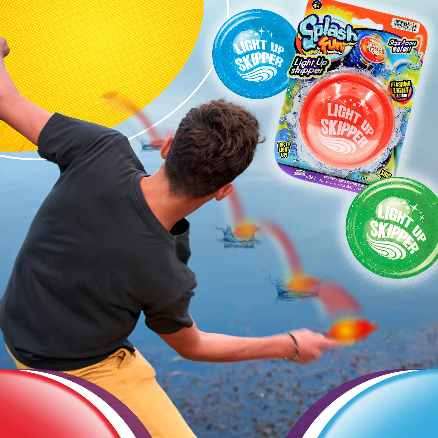 JA-RU Light Up Water Skipper Disc (3 Discs) - Water Skipping Toy for Kids, Pool & Travel Beach Toys for Summer Outdoor Play, Party Favors & Easter
