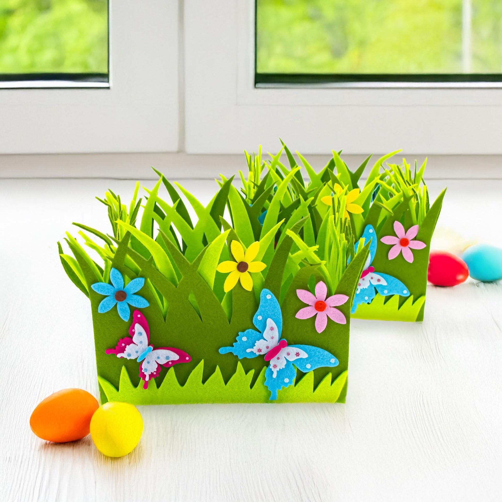Set of 2 Spring Flowers and Butterflies Easter Felt Decorative Centerpiece