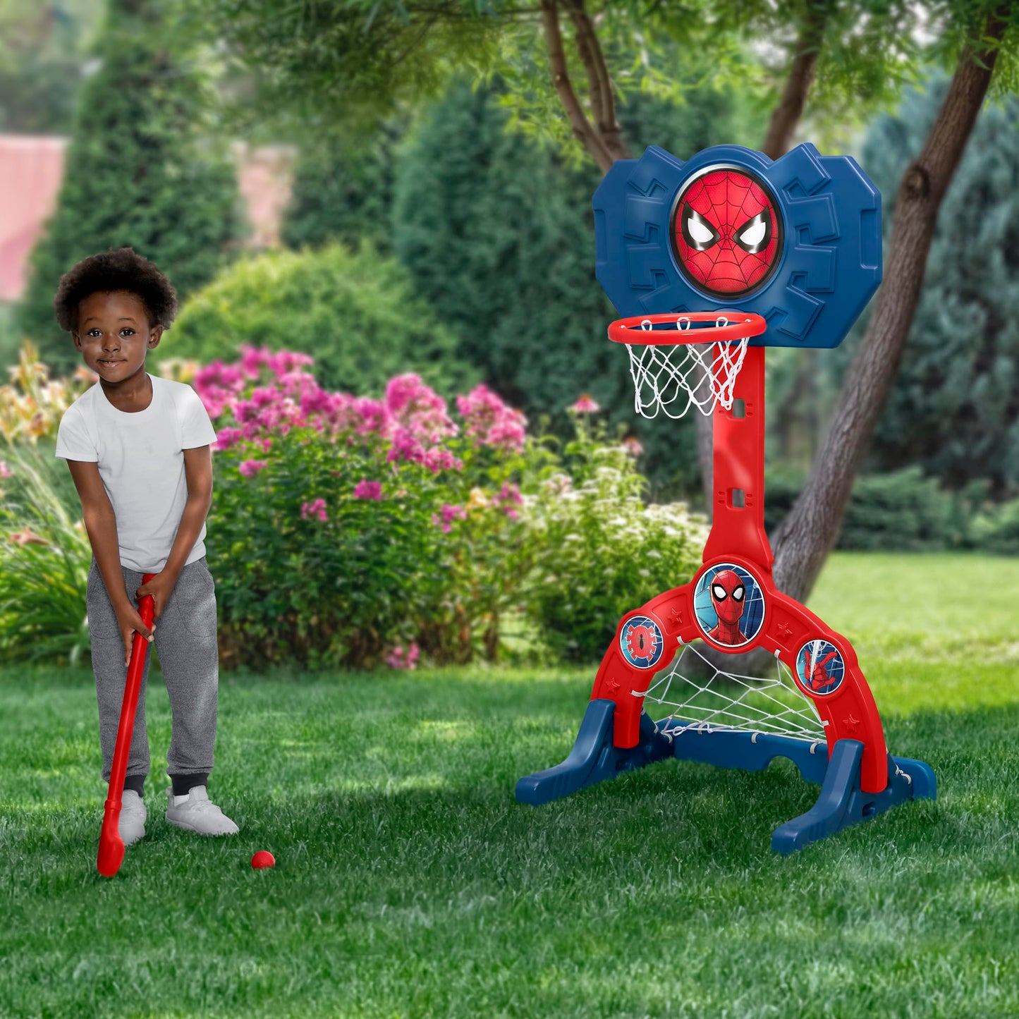 Delta Children Marvel Spider Man 4-in-1 Sports Center - Adjustable Easy Score Basketball Hoop, Soccer/Hockey Net and Golf Game, Red/Blue