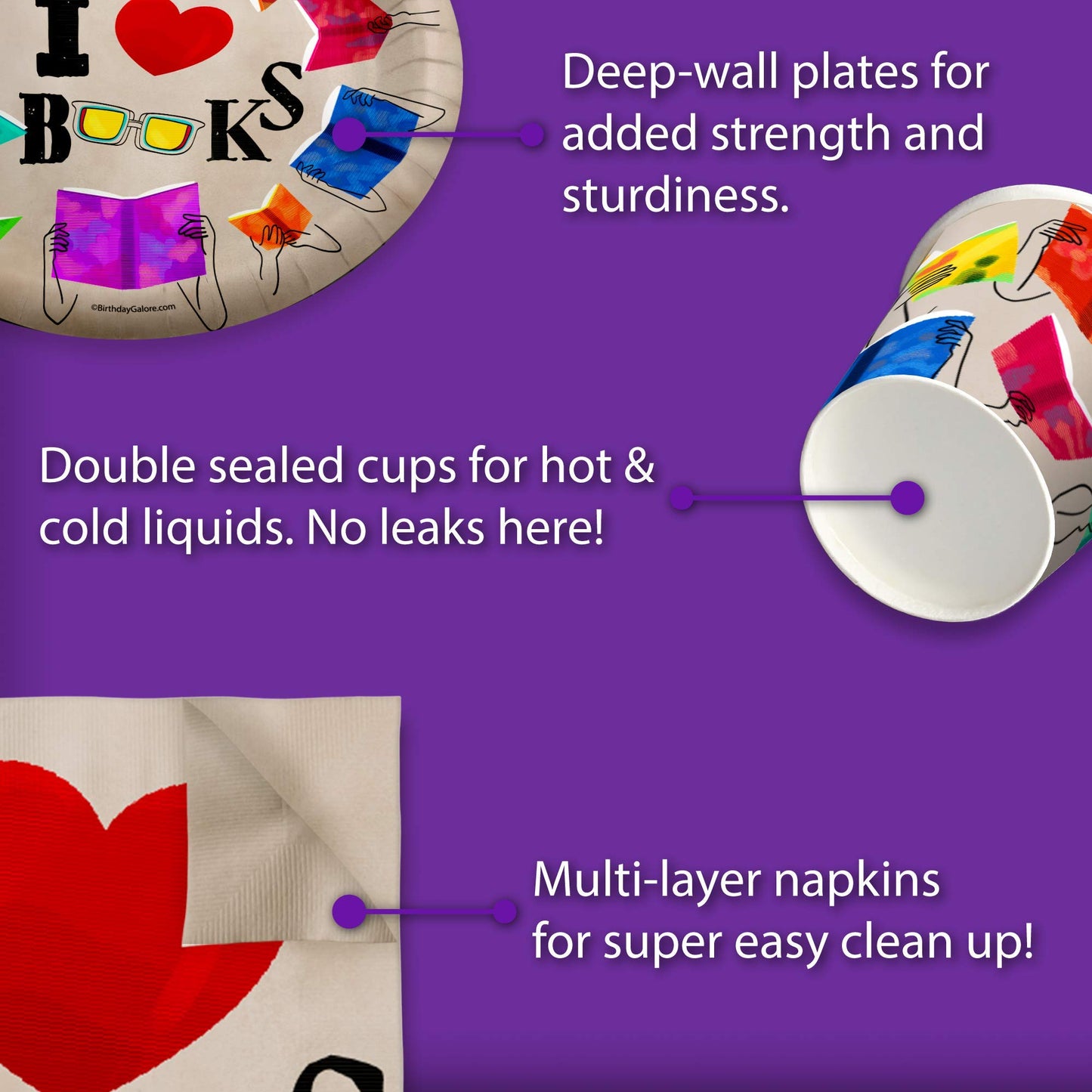 Birthday Galore Book Club Birthday Themed Party Supplies for Kids and Adults - Ideal Celebration Tableware Set with Plates, Napkins, & Cups Quick