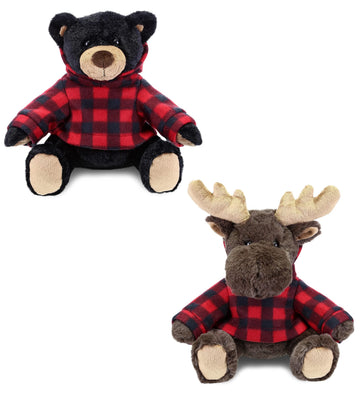 DolliBu Plush Black Bear and Moose with Red Plaid Hoodie - Soft Huggable Adorable Playtime Zoo Plush with Clothes, Cute Wildlife Cuddle Gift for Kids