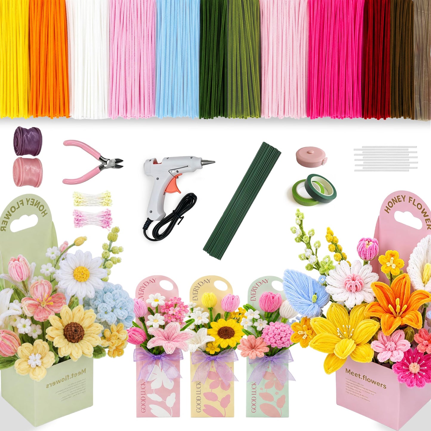 Complete Pipe Cleaner Flower Kit: 1000 Pcs Thick Pipe Cleaners Bulk - 12 Vibrant Colors Pipe Cleaner Craft Set with DIY Tools & 5 Flower Gift Boxes