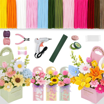 Complete Pipe Cleaner Flower Kit: 1000 Pcs Thick Pipe Cleaners Bulk - 12 Vibrant Colors Pipe Cleaner Craft Set with DIY Tools & 5 Flower Gift Boxes