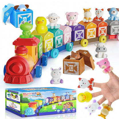 Toddler Learning Toys for 1 2 3 Year Old, Farm Animal Train Set with Counting Sorting Matching, 10 Farm Animals, Finger Puppets & Barns, Easter