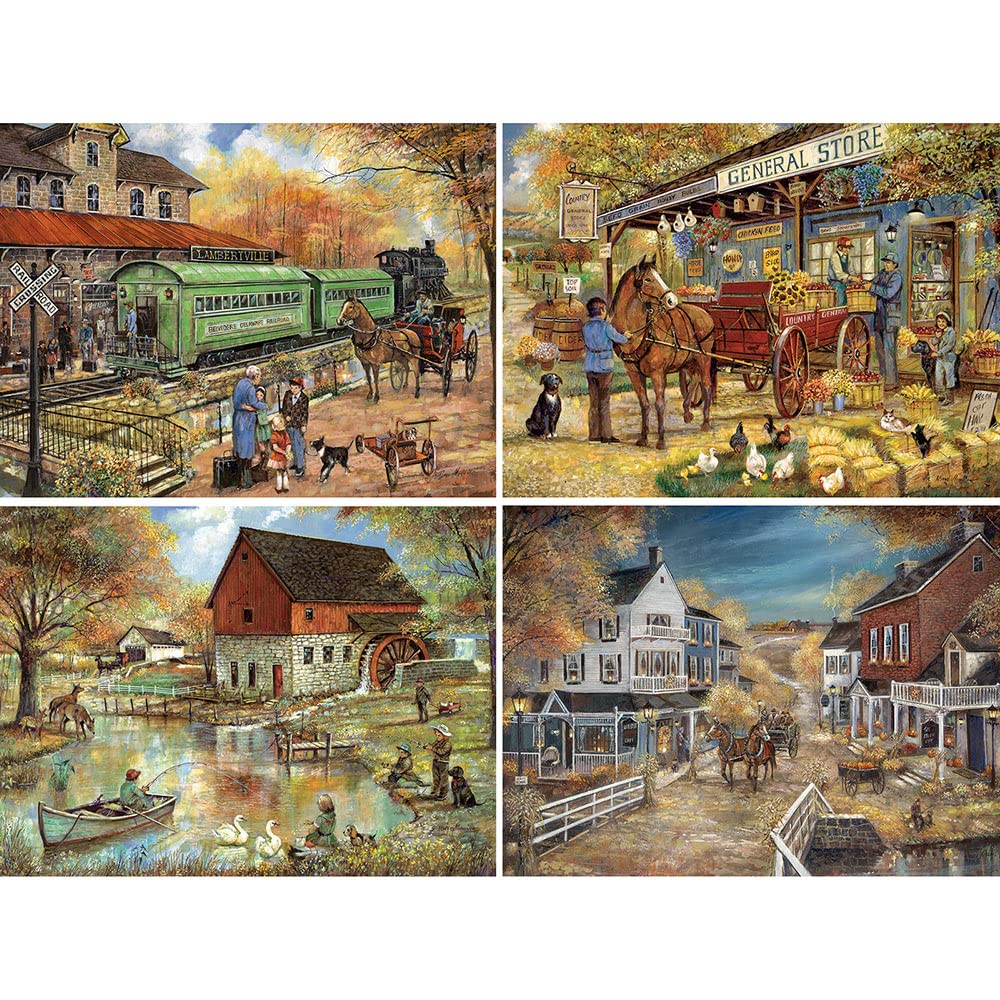 Bits and Pieces - 4-in-1 Multi-Pack 300 Piece Jigsaw Puzzles for Adults - Country Pond Harvest Café Home General Store Jigsaw Puzzles by Artist Ruane