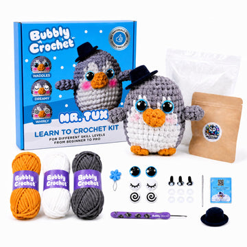Bubbly Crochet Mr. Tux the Penguin Crochet Kit for Beginners - DIY Penguin Plush with Customizable Eyes & Hat, Step-by-Step Video Tutorials