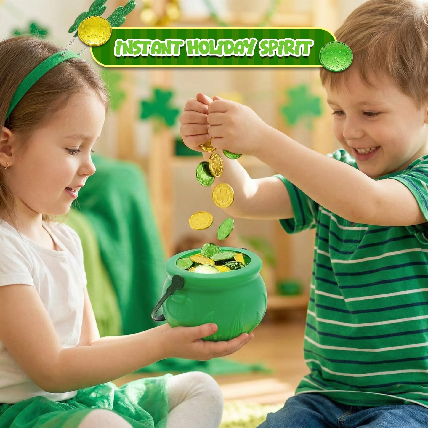 4E's Novelty 5 Inch St Patricks Day Pot of Gold Decorations with 100 Lucky Coins - Green Pot of Gold Cauldron Plastic Bucket for Leprechaun