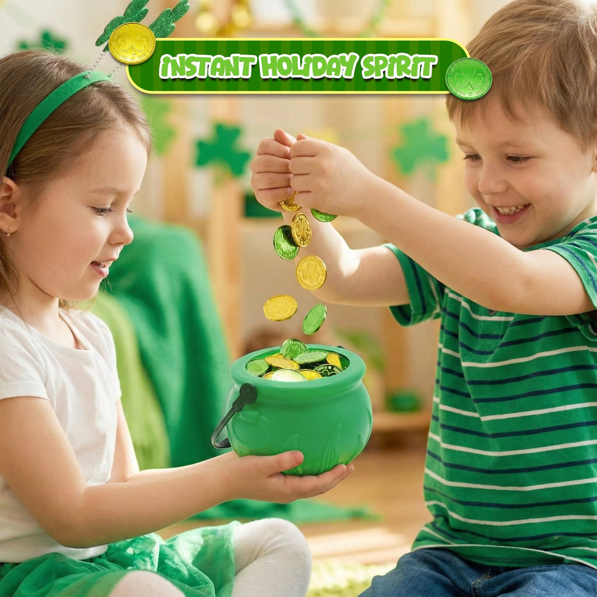 4E's Novelty 5 Inch St Patricks Day Pot of Gold Decorations with 100 Lucky Coins - Green Pot of Gold Cauldron Plastic Bucket for Leprechaun
