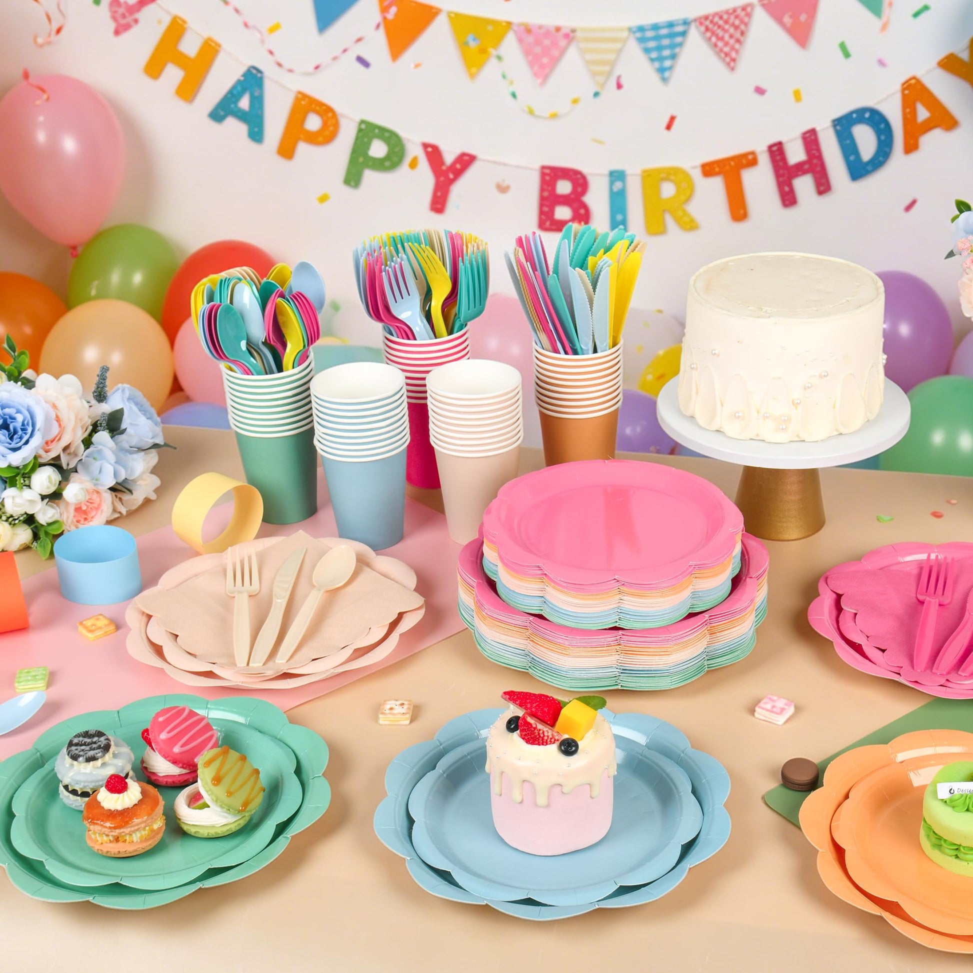 ZUQMZUQ 350 Pcs Colorful Party Plates and Napkins Party Supplies Serves 50 Guests Include Candy Colors Scalloped Plate Napkin Cup & Cutlery for Baby