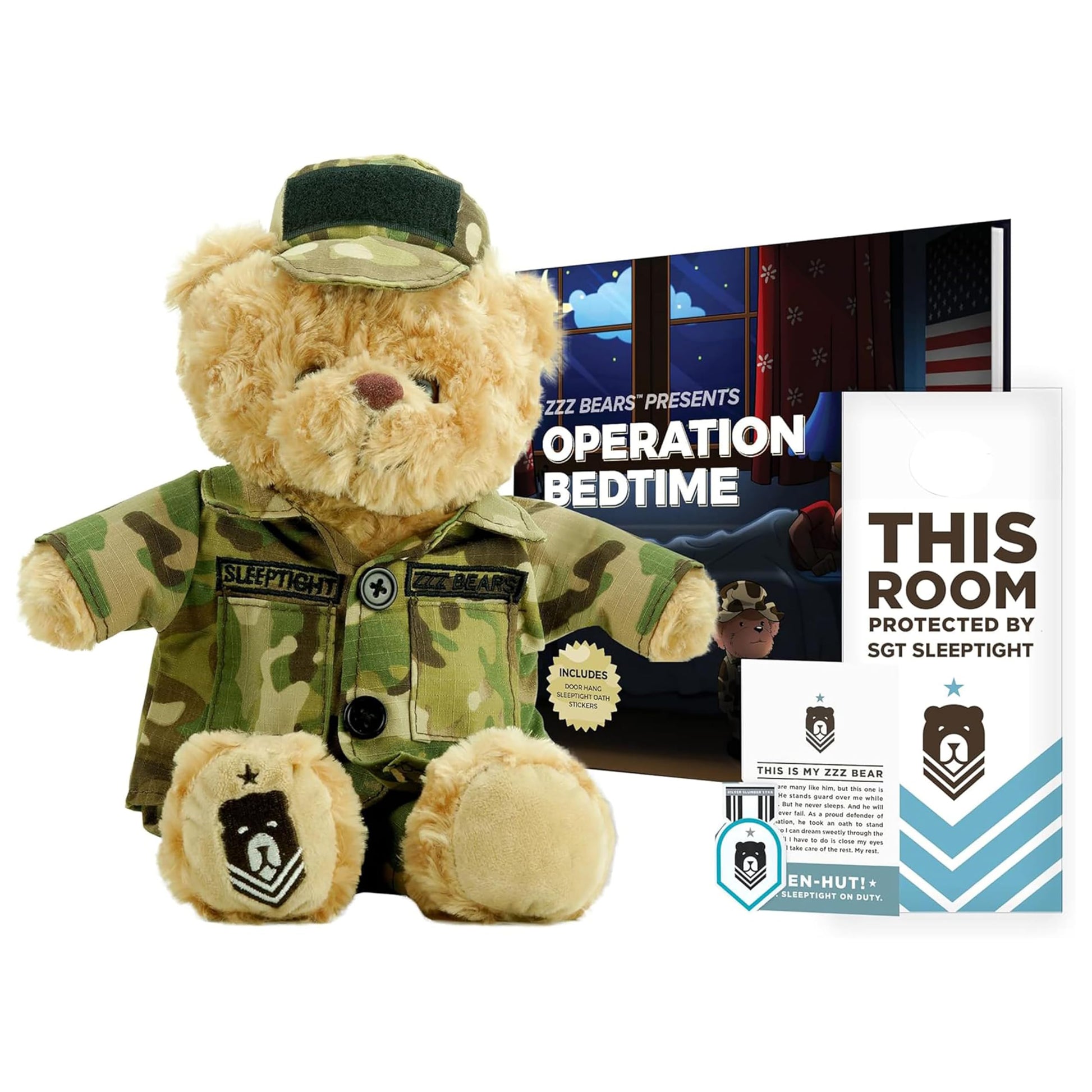 ZZZ Bears SGT Sleeptight Army Teddy Bear with Storybook & Sleep System, Comforting Gift for Army Kids, Helps with Bedtime Routine, Deployment