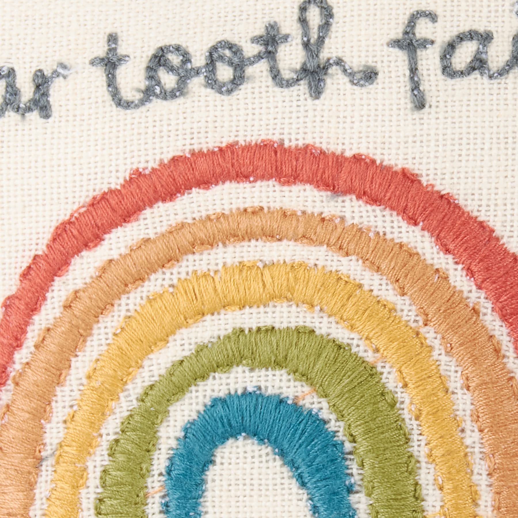 Primitives by Kathy Tooth Fairy Pillow, 5x5-Inch Cotton Linen Keepsake with Back Storage Pocket, Embroidered Bright Rainbow Design