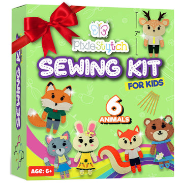 Pixiestytch Sewing Kit for Kids - Sew & Create 6 Adorable Stuffed Animal Projects - Fun DIY Craft Set for Ages 6 and up - Educational & Creative