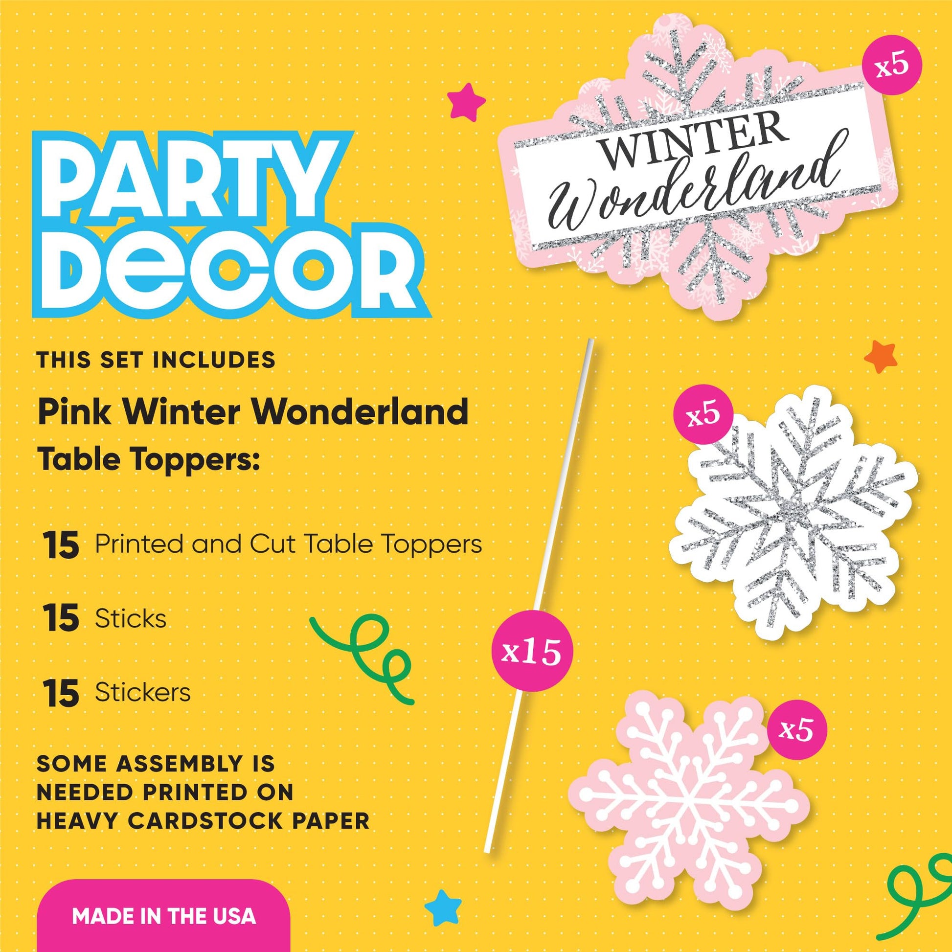 Big Dot of Happiness Pink Winter Wonderland - Holiday Snowflake Birthday Party or Baby Shower Centerpiece Sticks - Table Toppers - Set of 15