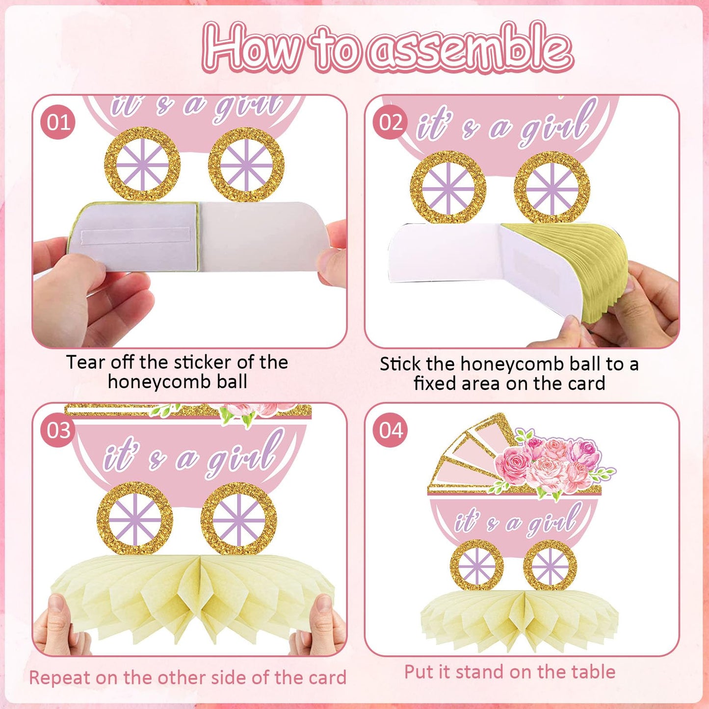 12Pcs Baby Shower Honeycomb Centerpieces Party Decor for Girls,Pink Rose Gold Floral It's a Girl Gender Reveal 3D Table Centerpieces Decoration