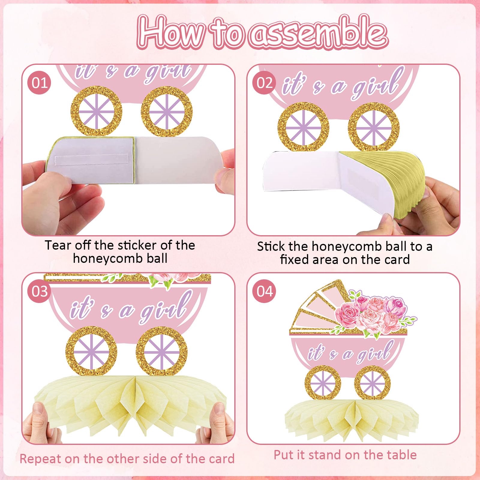 12Pcs Baby Shower Honeycomb Centerpieces Party Decor for Girls,Pink Rose Gold Floral It's a Girl Gender Reveal 3D Table Centerpieces Decoration