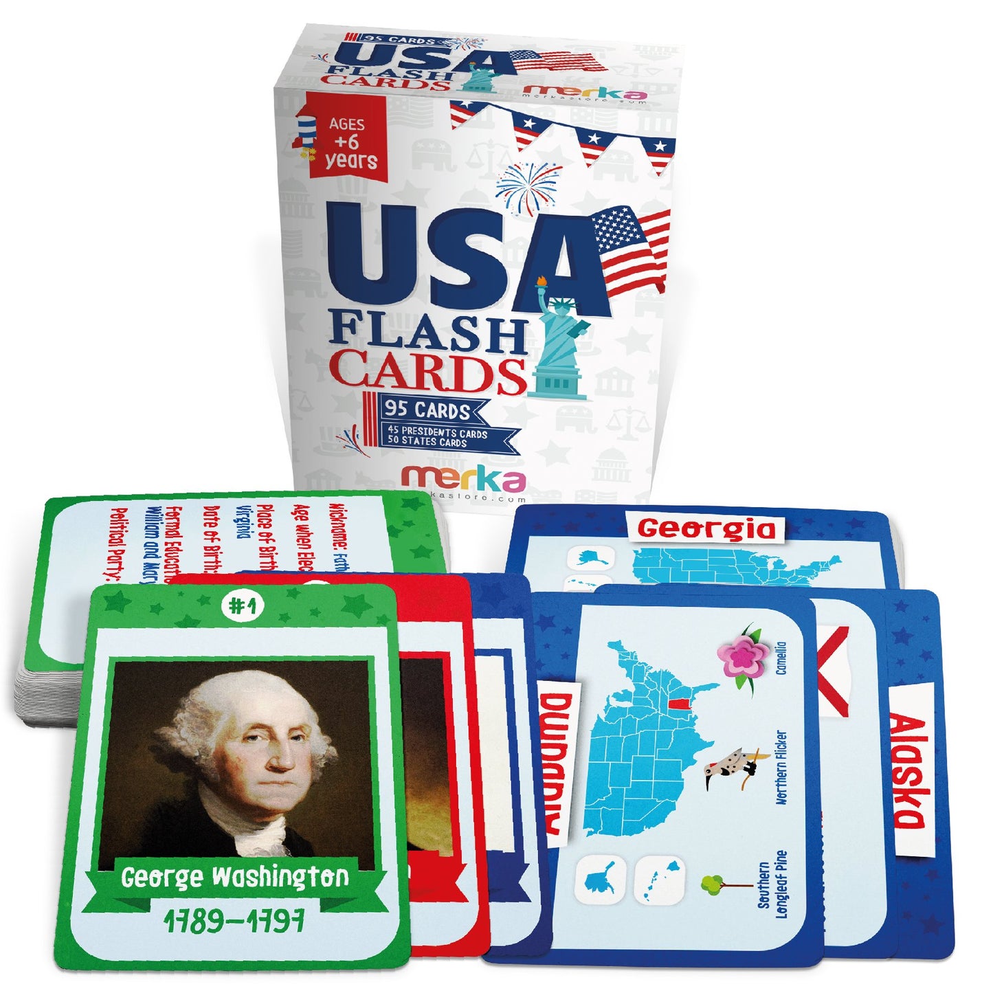 merka Flash Cards USA Set United States Presidents States Symbols Flags Facts Flashcards for Kids Ages 5-10 Picture Cards and Kids Learning Toys