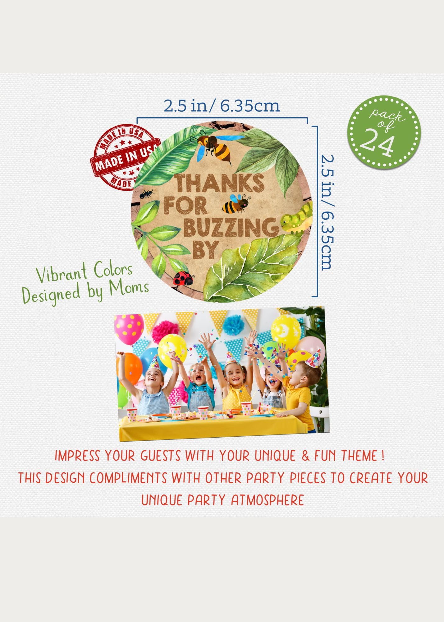 Silly Goose Gifts Thanks for Buzzing by Bug Themed Kraft Birthday Party Supply Thank You Sticker Favors (24 Included)