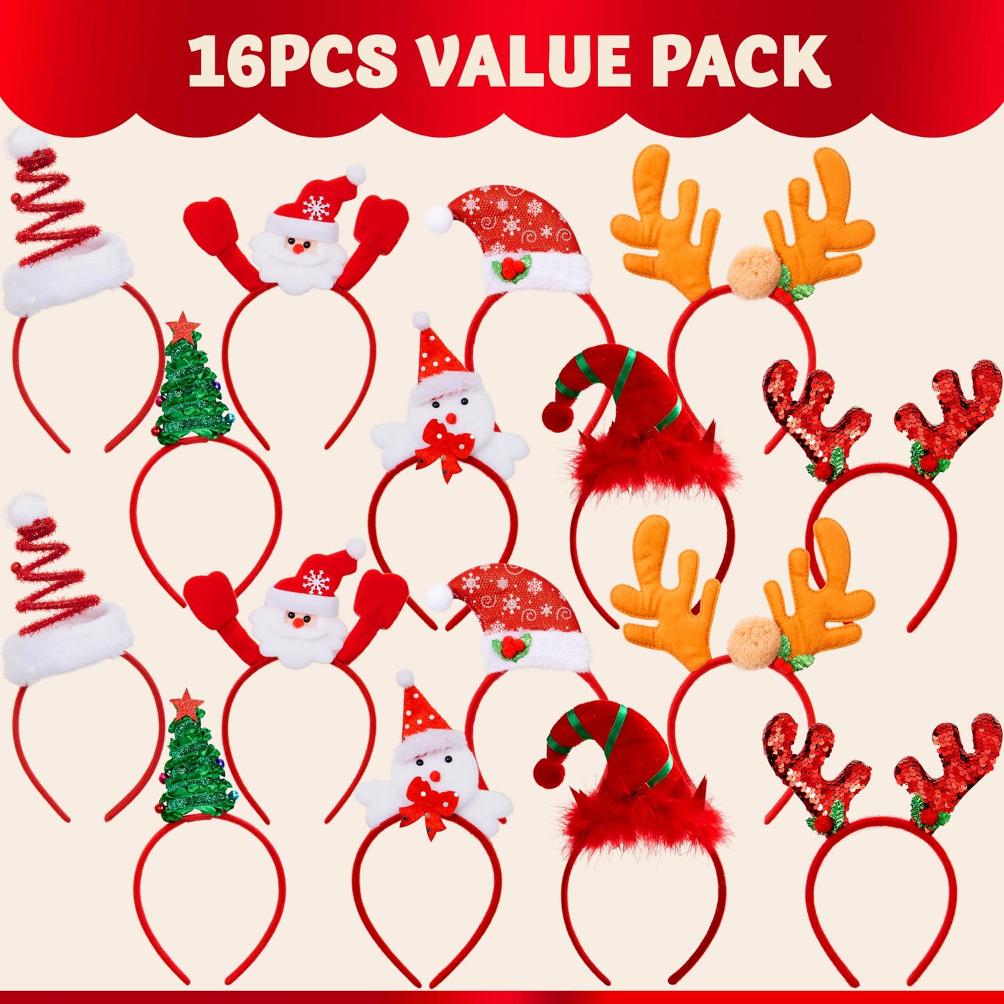 JOYIN 16PCS Cute Christmas Headbands, Festive Set, Great for Christmas Parties, Holiday Party Favors, Unique Design, Wide Application, Premium