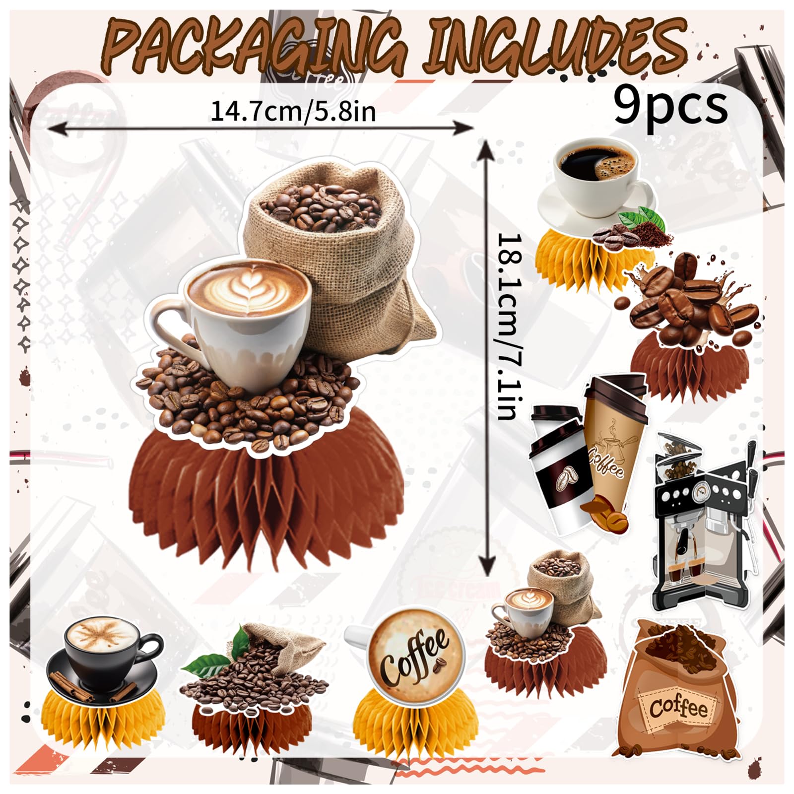 9 PCS Coffee Honeycomb Centerpieces Coffee Table Decorations Table Topper for Coffee Party Decorations Coffeehouse Birthday Party Supplies