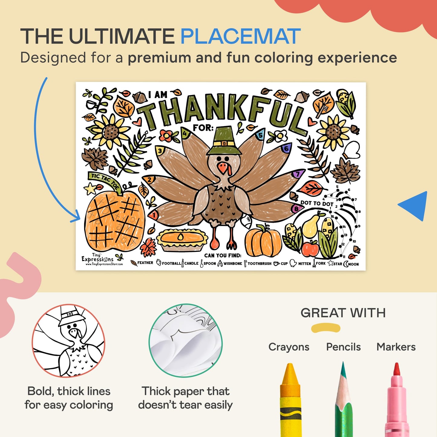 Tiny Expressions - Thanksgiving Coloring Placemats - Set of 12 Paper Placemats to Color, Turkey 'I Am Thankful for' Theme - Fall Thanksgiving Activity