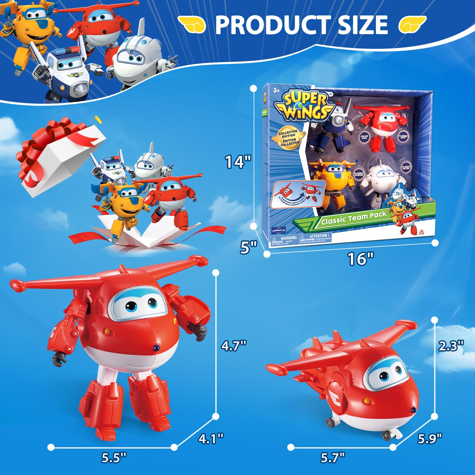 Super Wings 5" Transformable Toys 4-Pack Action Figure Tobot, Transforming Airplane Robot Toys for Boys & Girls Age 3+, Gifts for Preschool Kids