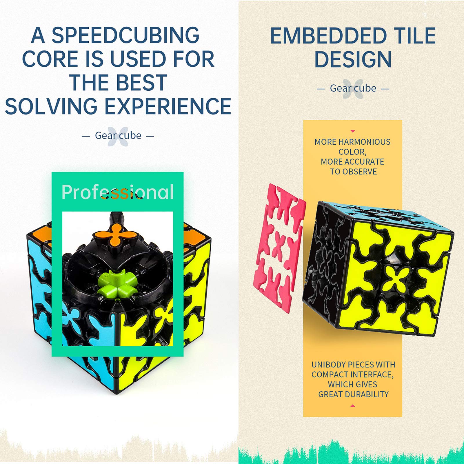 Gear Speed Cube 3x3,Embedded Tile Design Magic Cube 3x3x3 Puzzles Toys