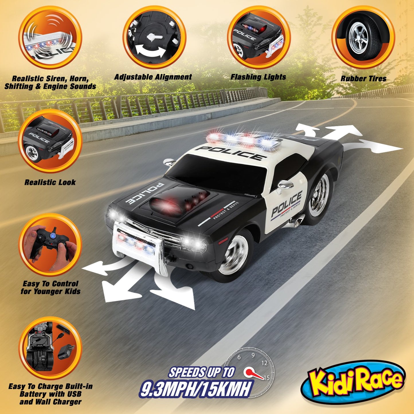 Kidirace Rechargeable Remote Control Police Car, Lights & Siren, Kids 3-12