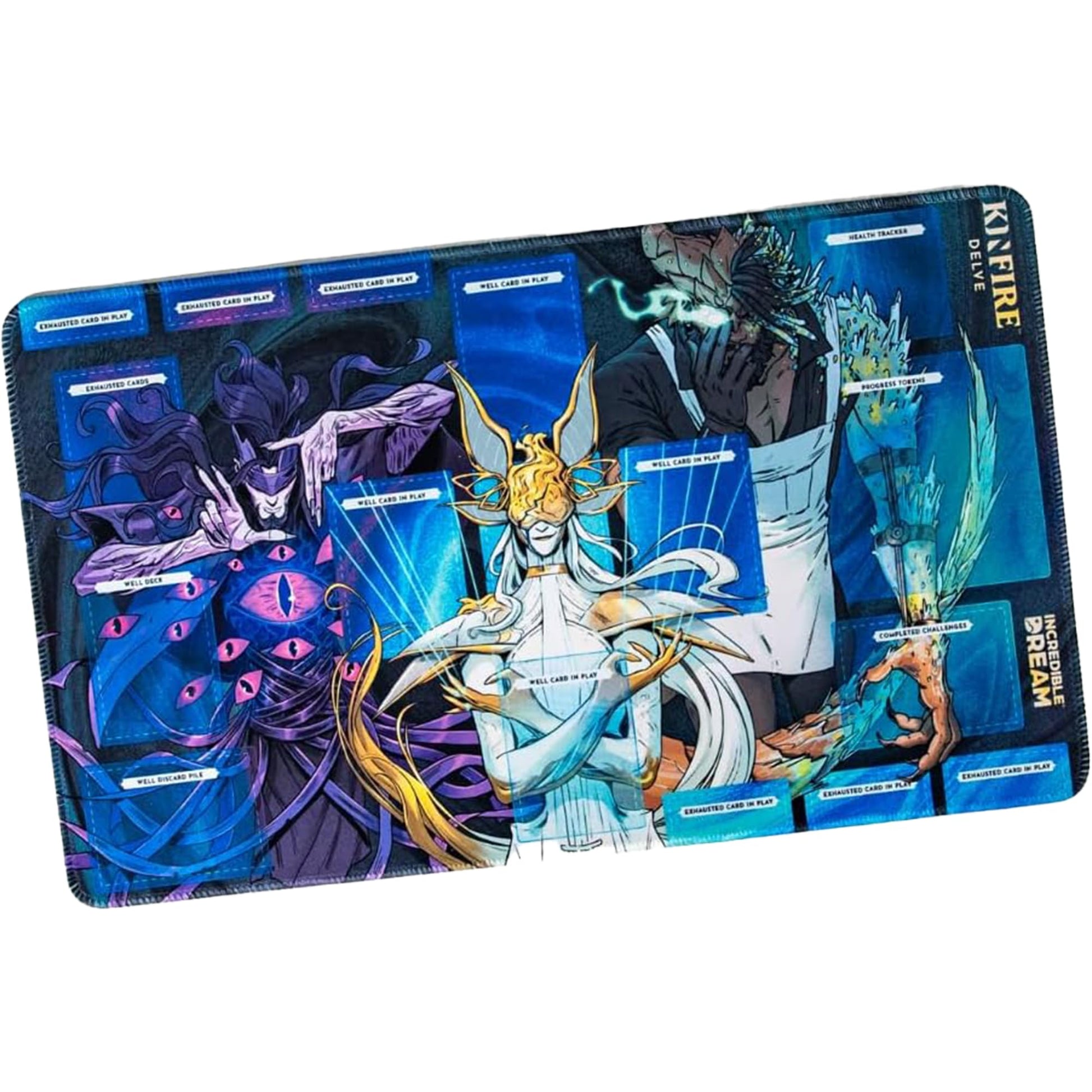 Incredible Dream Kinfire Delve Official Playmat - 12x20’’ Neoprene Game Mat with Stitched Edges - Organize Your Well Deck, Health Tracker,
