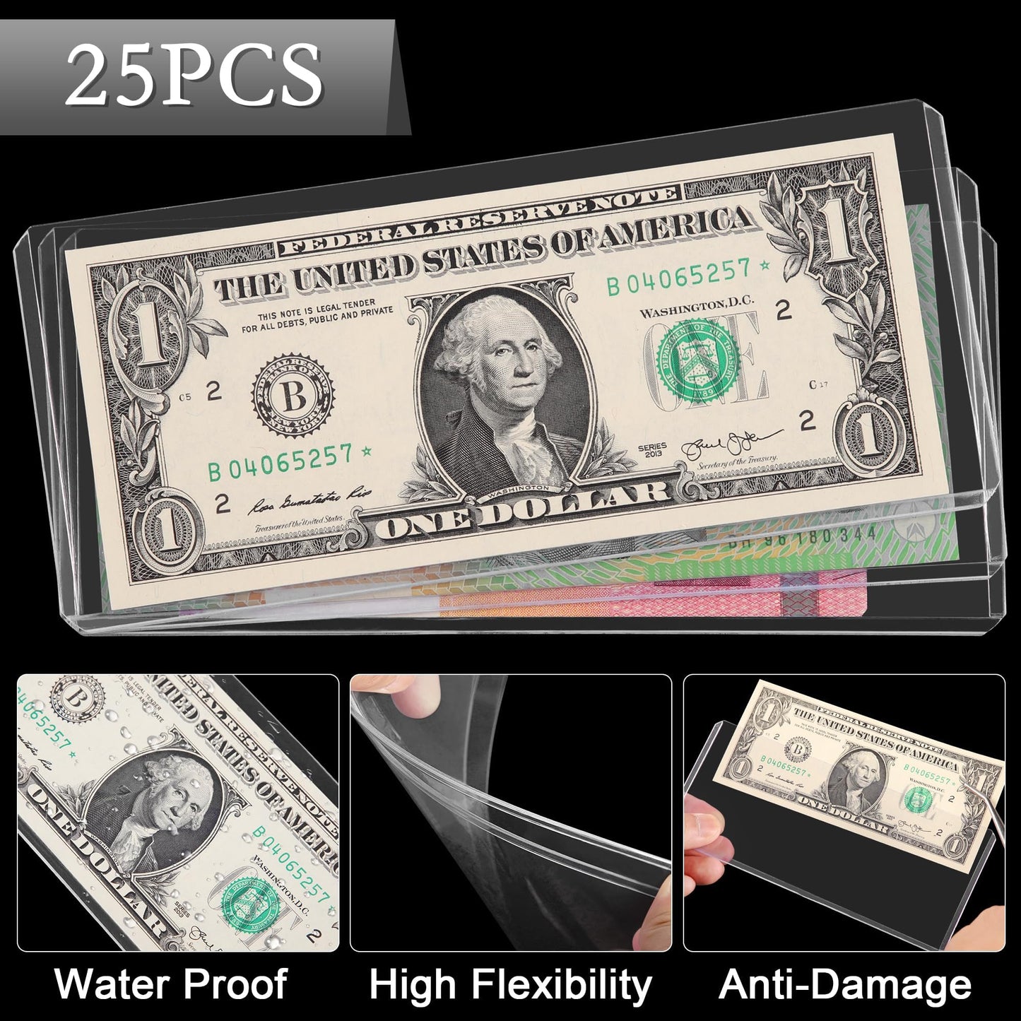 25PCS Clear Banknote Holders - Top-Load Hard Bill Currency PVC Holders 6.6"x2.8" Sleeves Display Holder for Paper Money Dollar Bill Collection