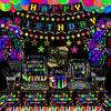 241 PCS Glow Neon Party Supplies Neon Glow Tableware Set Neon Balloon Glow in the Dark Birthday Banner Hanging Star Cake Toppers for Blacklight Party