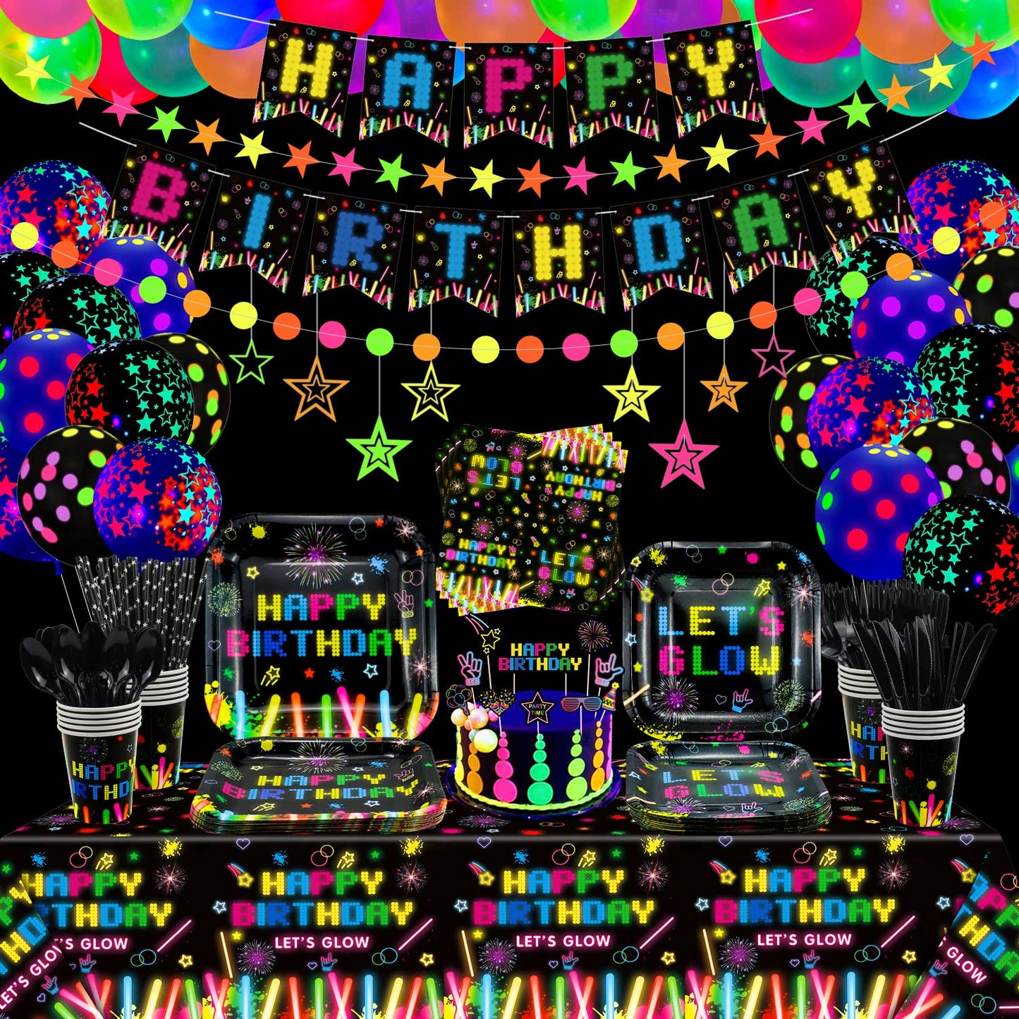 241 PCS Glow Neon Party Supplies Neon Glow Tableware Set Neon Balloon Glow in the Dark Birthday Banner Hanging Star Cake Toppers for Blacklight Party