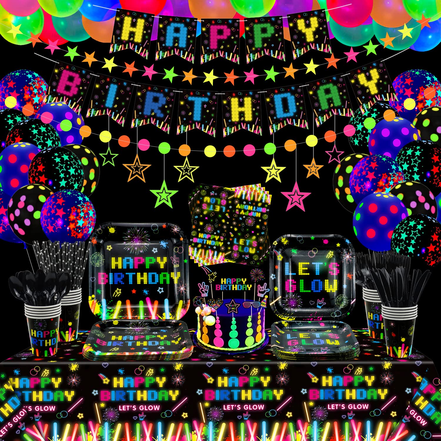241 PCS Glow Neon Party Supplies Neon Glow Tableware Set Neon Balloon Glow in the Dark Birthday Banner Hanging Star Cake Toppers for Blacklight Party