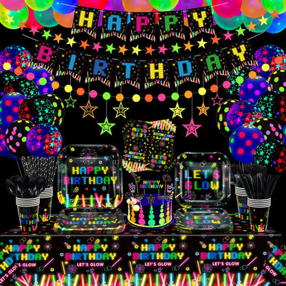 241 PCS Glow Neon Party Supplies Neon Glow Tableware Set Neon Balloon Glow in the Dark Birthday Banner Hanging Star Cake Toppers for Blacklight Party