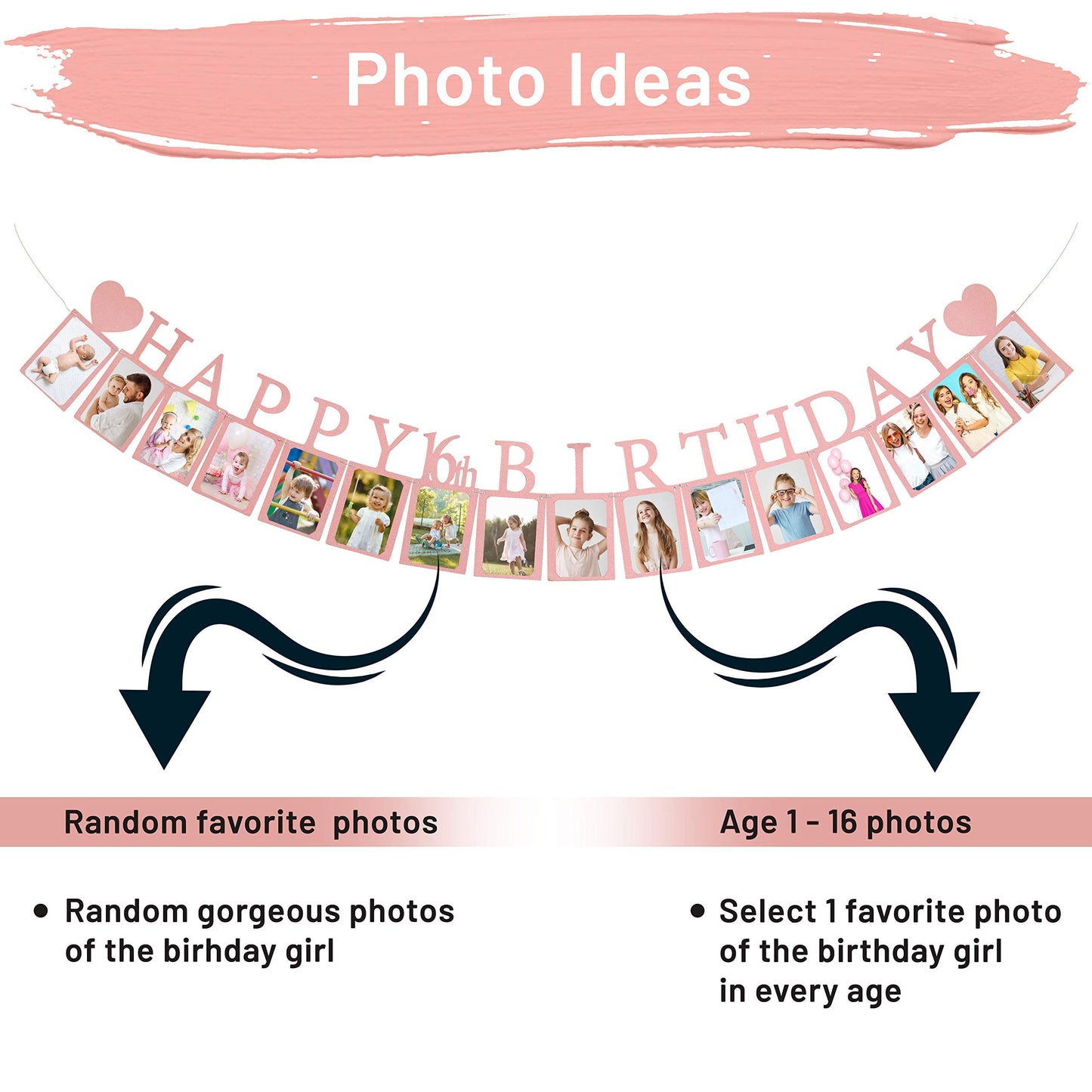Sweet 16 Birthday Decorations Photo Banner in Rose Gold Pre-assembled - Sweet 16 Banner WITH Sixteen Photo Card Frames Party Supplies - Happy 16th