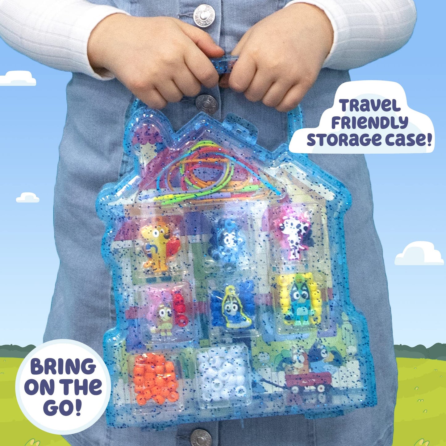 Bluey Friendship Jewelry, Create 4 Charm Bracelets & 2 Charm Necklaces, Includes 150 Beads & 6 Rubber Charms with Storage Case, Gifts for Kids Boys