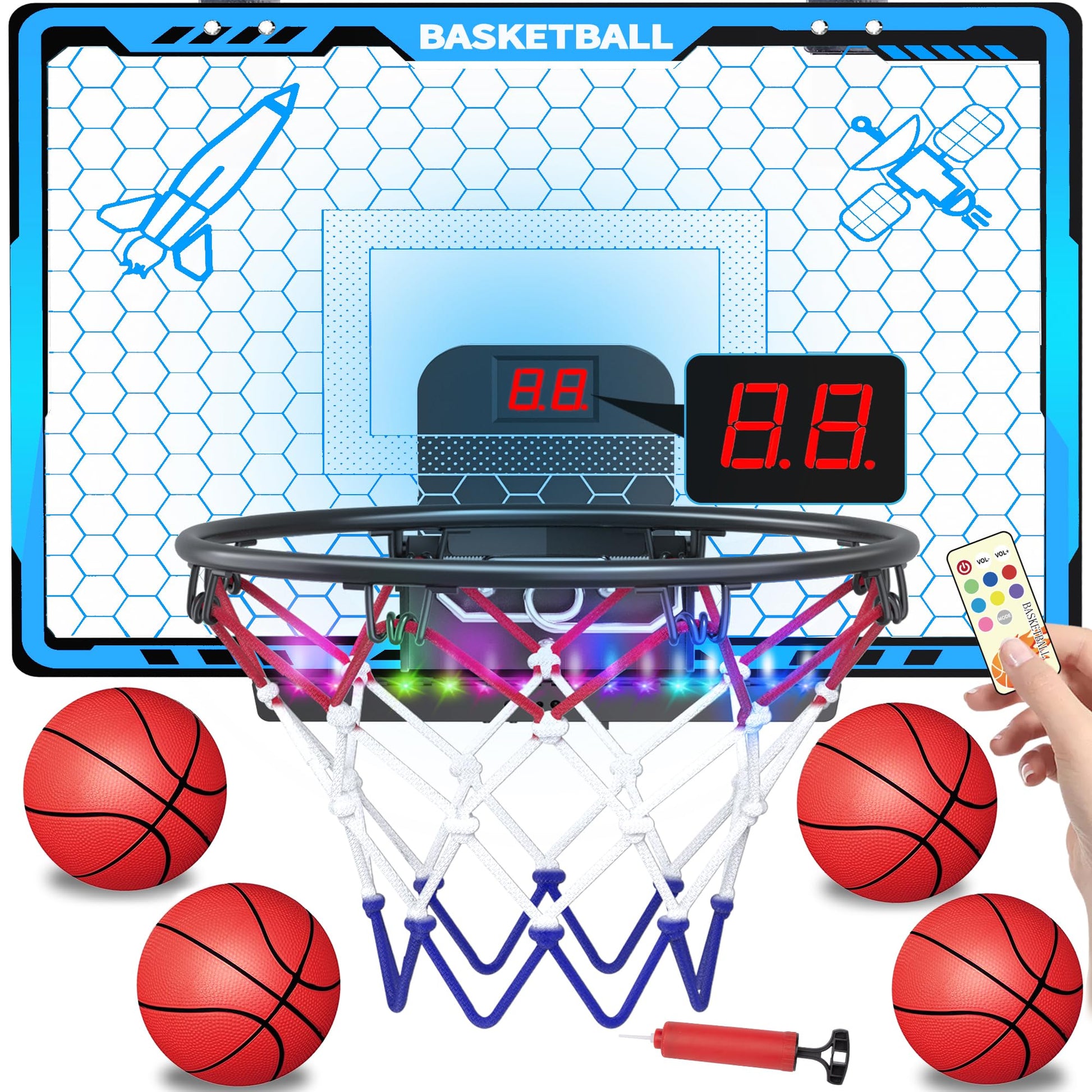 Awsoo Indoor Basketball Hoop for Kids, Mini Basketball Hoop with Electronic Scoreboard & LED Lights, Over The Door Basketball Hoop with 4 Balls, Slam