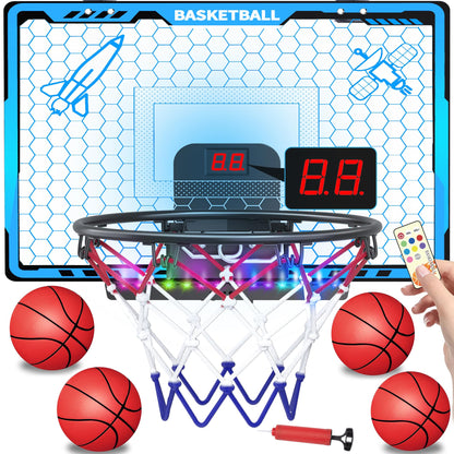 Awsoo Indoor Basketball Hoop for Kids, Mini Basketball Hoop with Electronic Scoreboard & LED Lights, Over The Door Basketball Hoop with 4 Balls, Slam