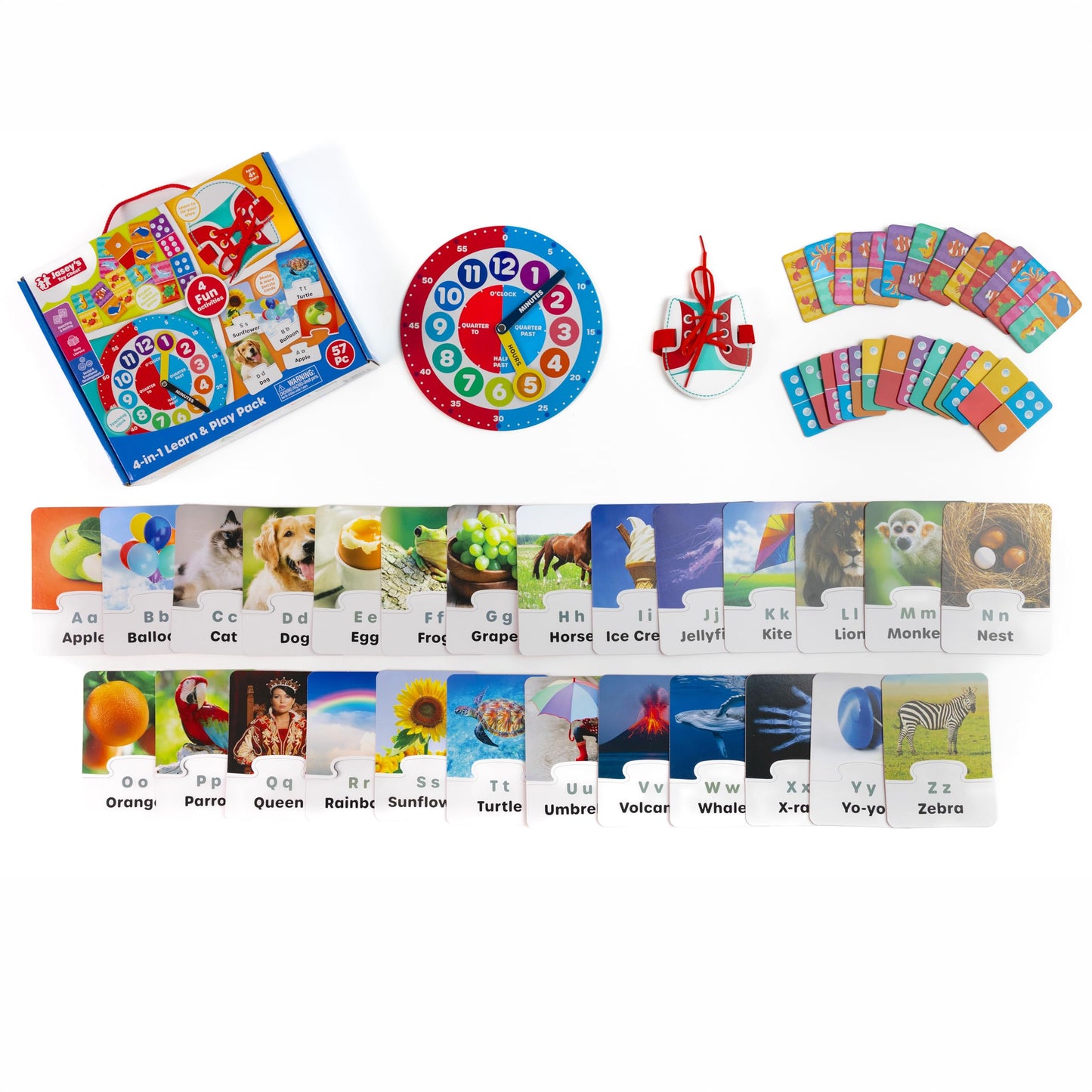 Jasey's Toy Chest 4-in-1 Learn & Play Pack | Puzzle Cards, Dominoes, Teaching Clock & Shoe Tying Activity Set | Educational Toy for Toddlers Ages 4+