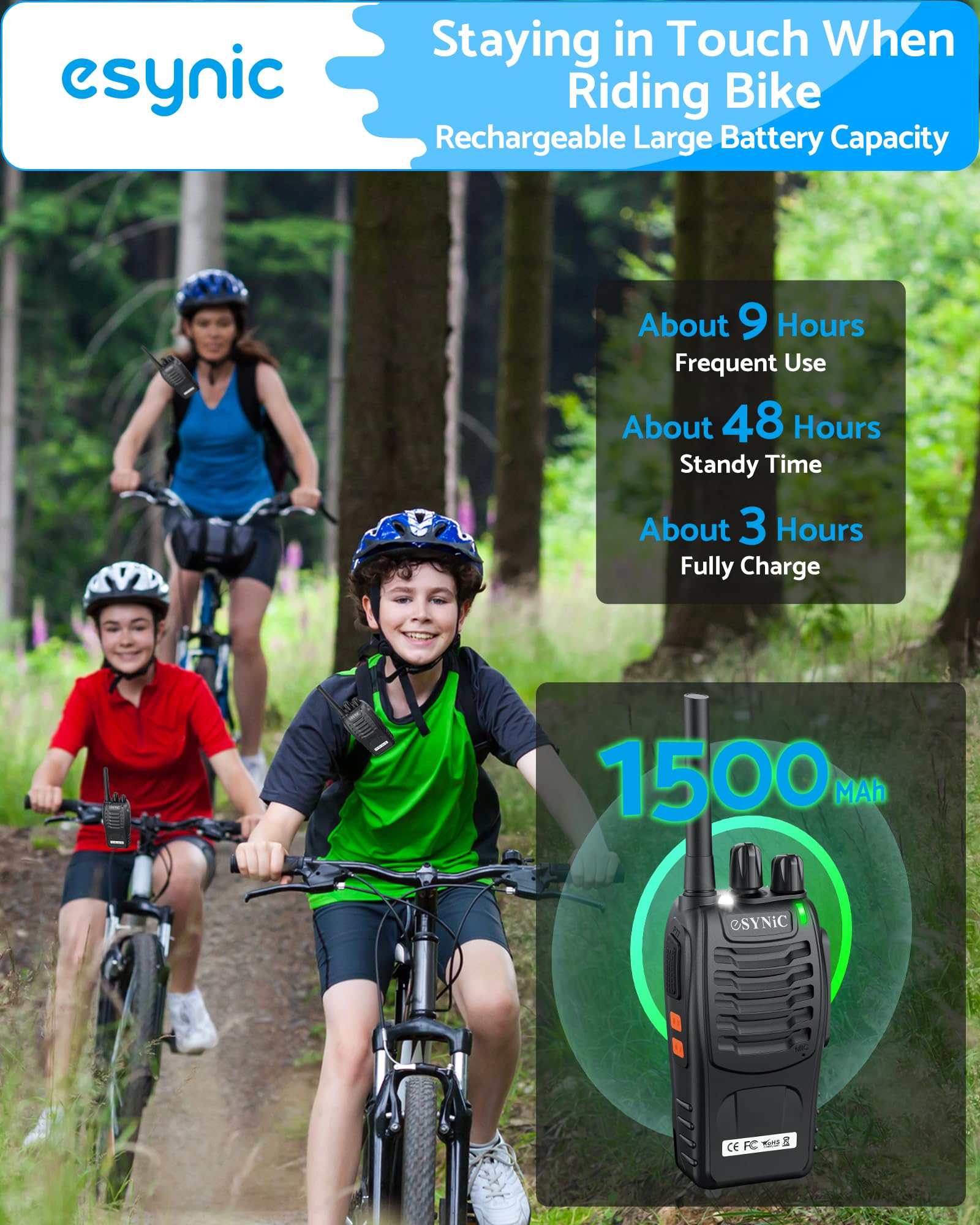 eSynic 4 Pack Rainproof Walkie Talkies-Easy to Carry-3 Miles Long Range-16Ch Walky Talky with Earpieces-Flashlight & VOX Hand Free Talking-1500mAh
