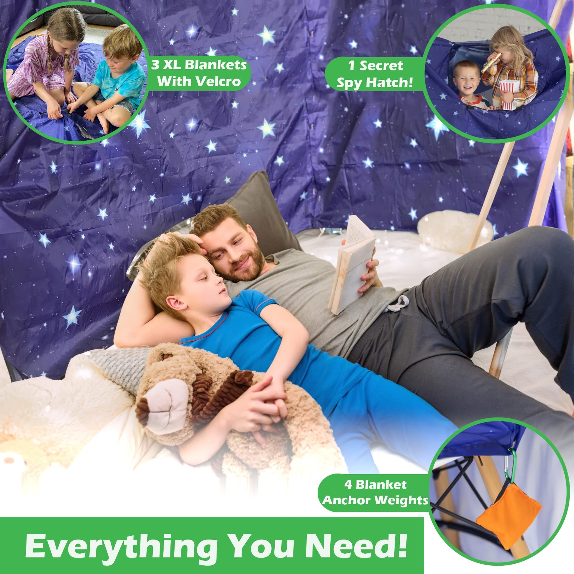 Blanket Fort Building Kit for Kids, Safety Certified, Ages 3-12 - Play Tent