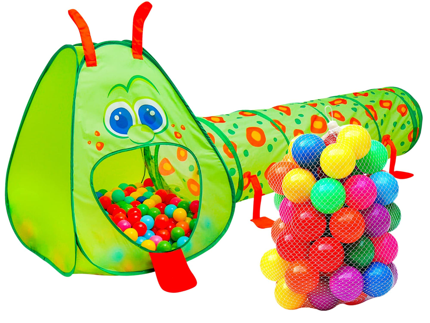 Kiddey Caterpillar Kids Play Tunnel and Tent with 50 Balls 2 Pc. Crawl Through Baby Ball Pit Pop up for Toddler and Babies, Indoor & Outdoor Jungle